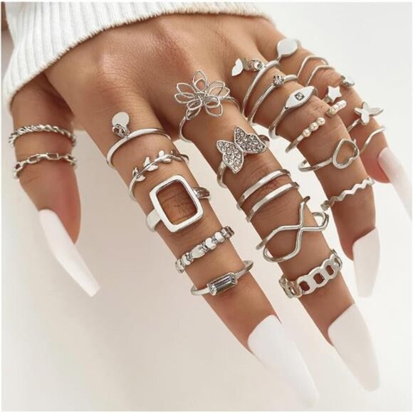 Silver Jewelry Set – Layered Necklaces, Bracelets, Stackable Rings & Earrings - Picture 4 of 7